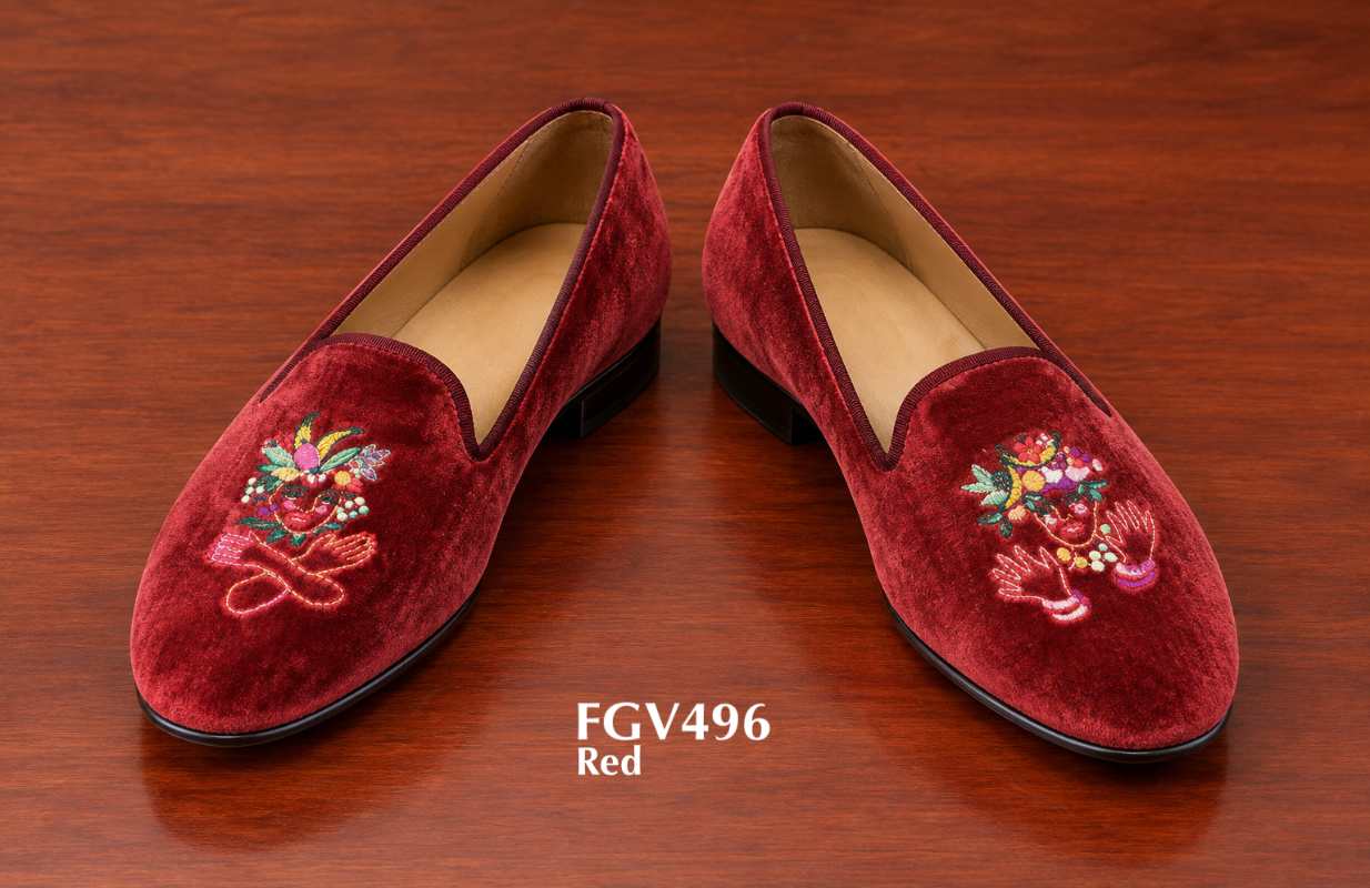 red velvet slippers floral embroidered ladies private label