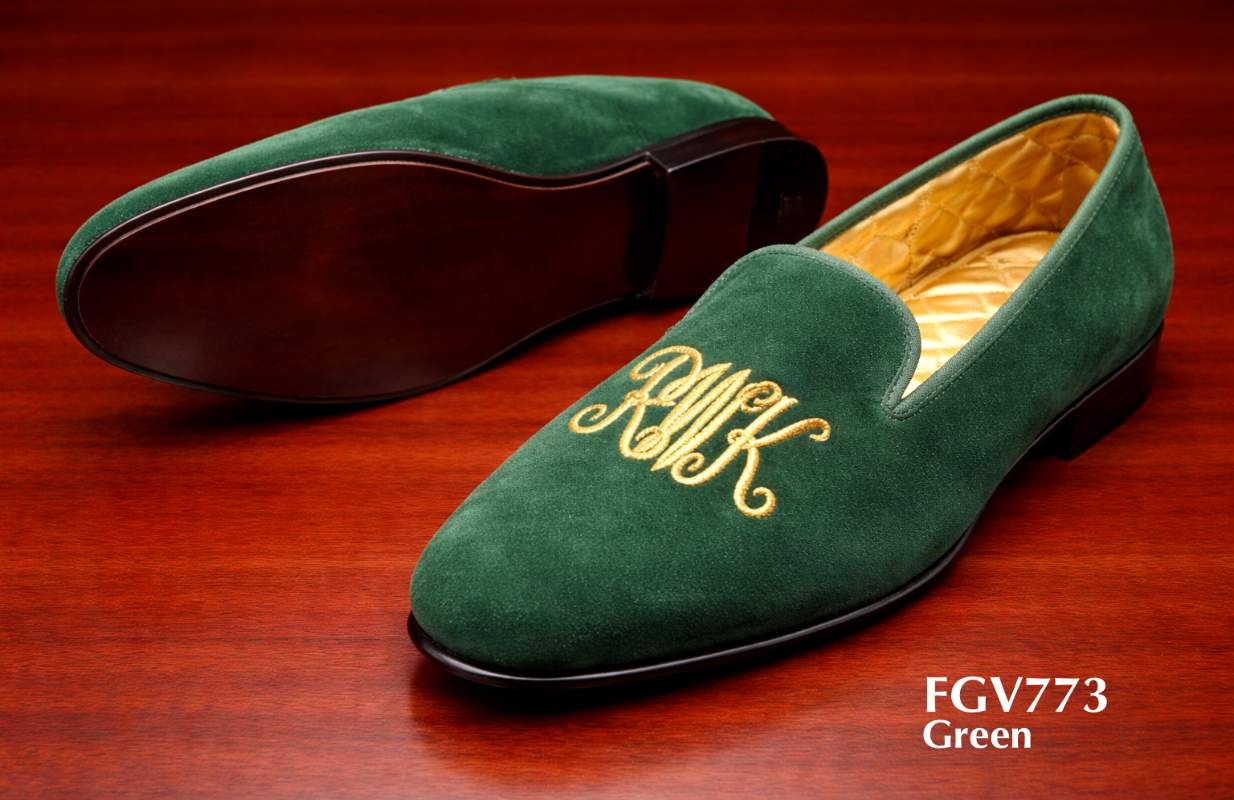 Classy Graduation Slippers Green Velvet with Gold initials