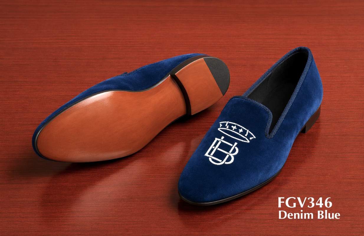 Denim blue monogrammed velvet slippers