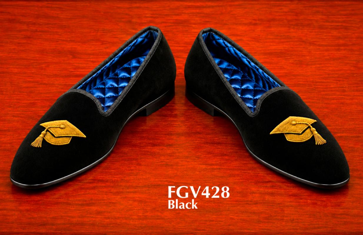 black velvet loafers with gold graduation cap embroidery
