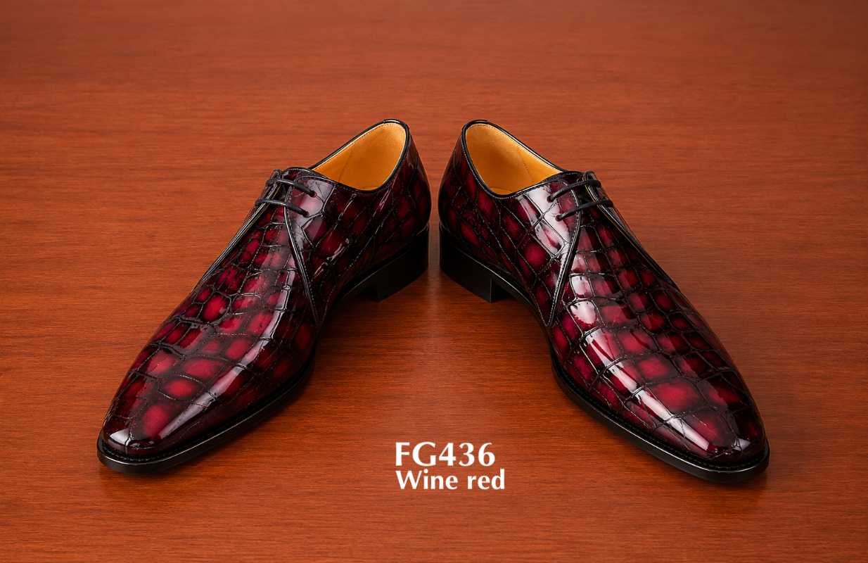 designer crocodile pattern derby wine red business shoes