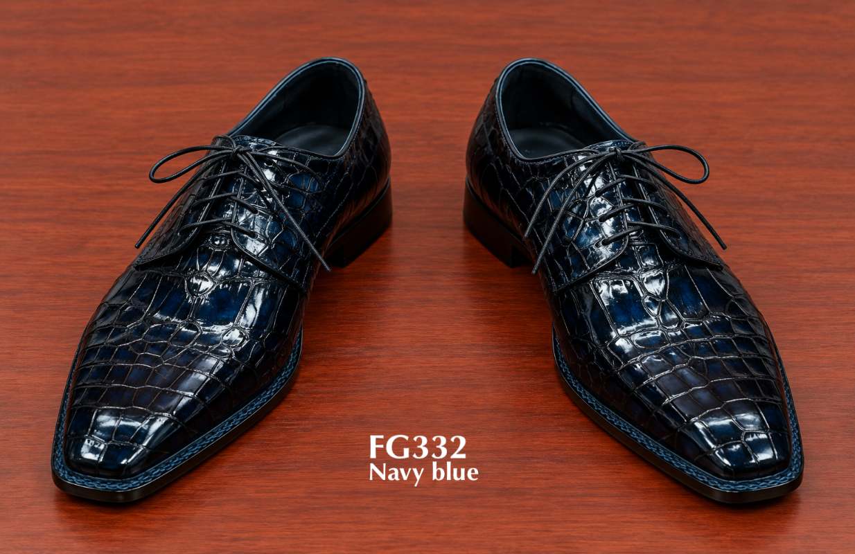 Navy blue crocodile embossed derby shoes