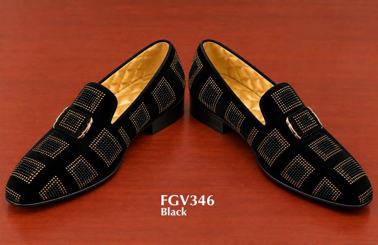 gold studded and gold buckle black velvet loafers